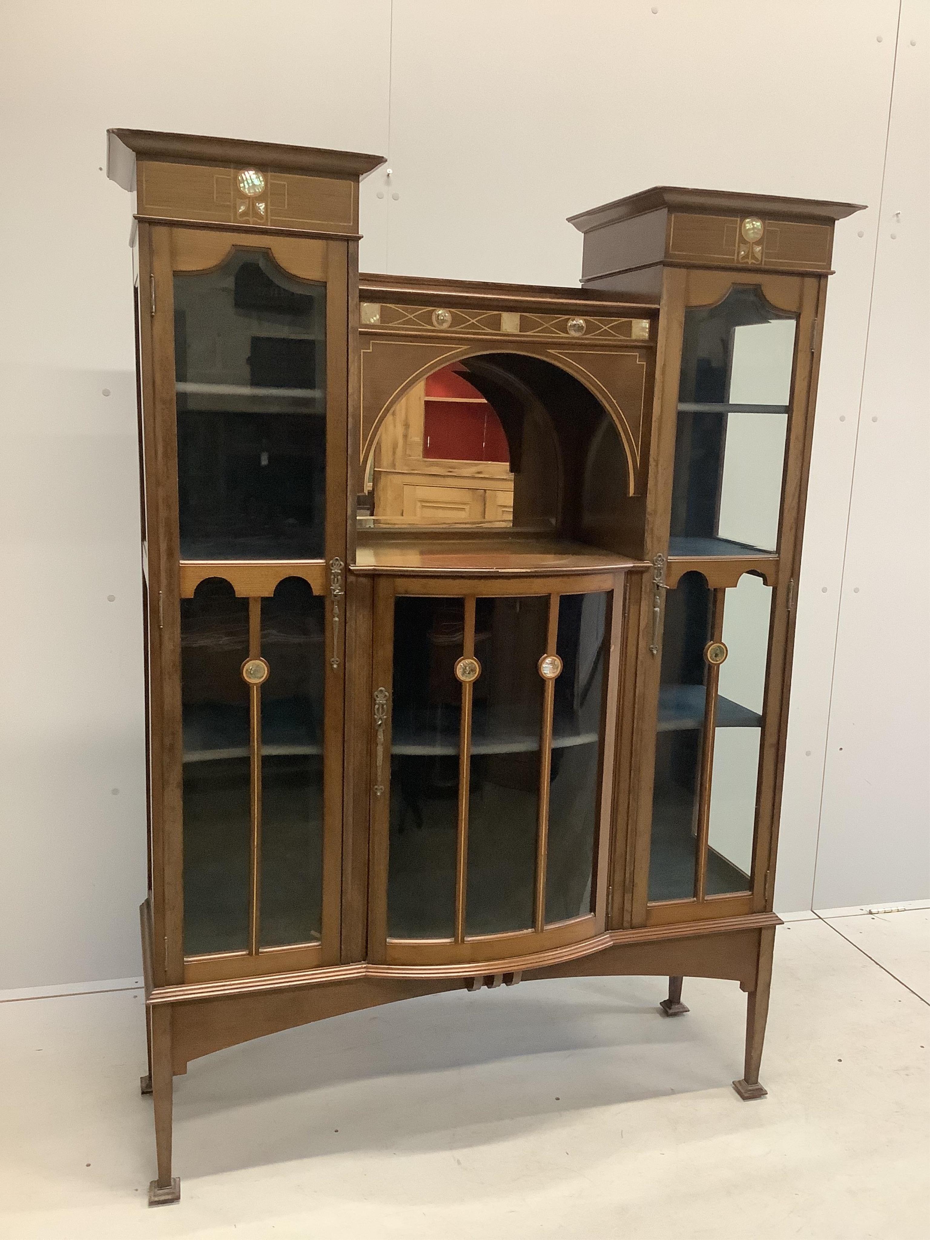 An Edwardian Art Nouveau mother of pearl inlaid display cabinet, width 122cm, depth 38cm, height 169cm. Condition - fair